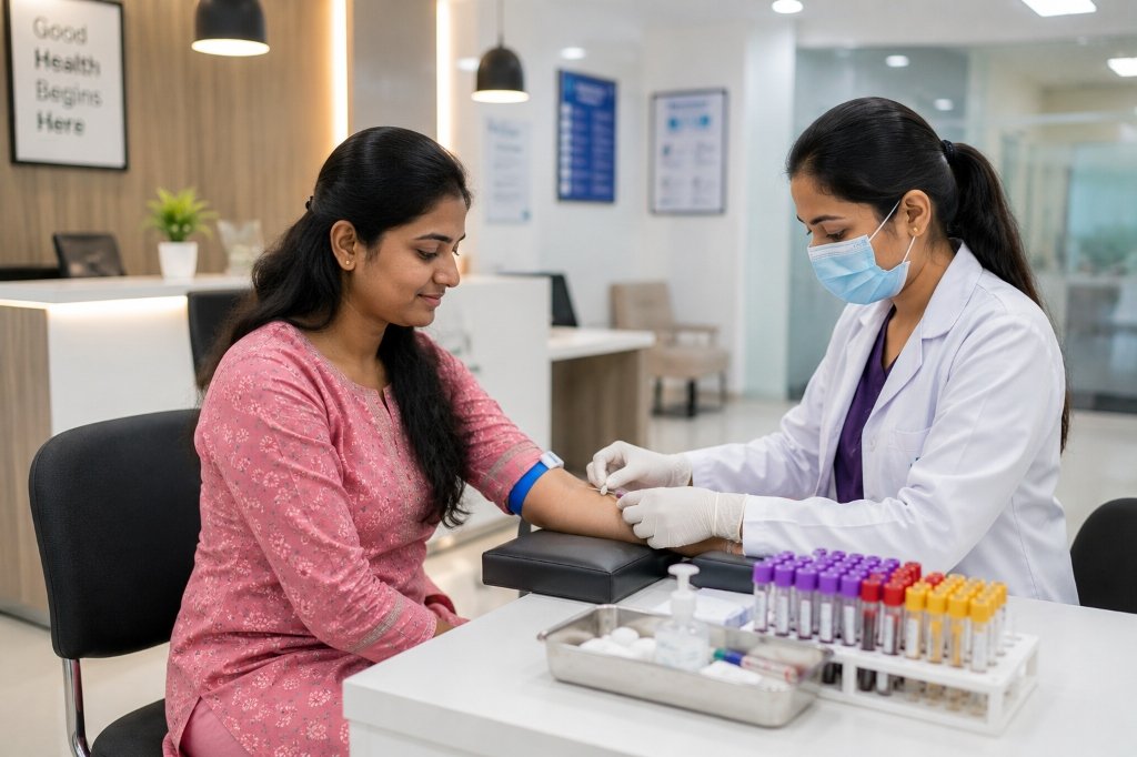 Phlebotomy extraction blood testing sample from woman patient